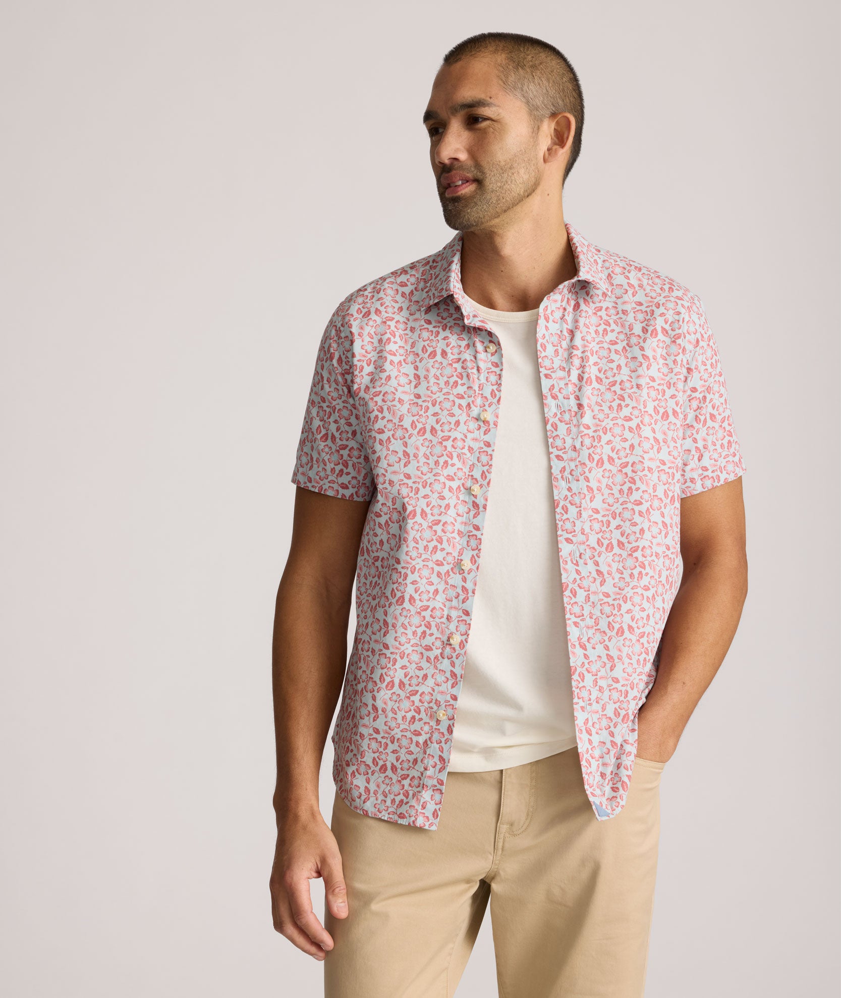 Vintage Wash Cotton Floral Short-Sleeve Shirt for Men