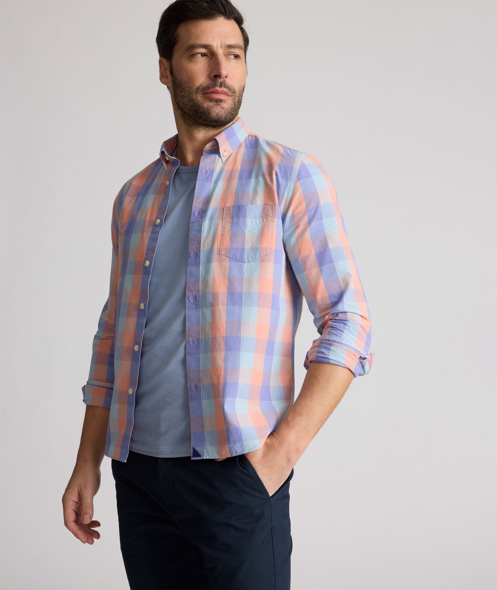 Vintage Wash Cotton Check Button-Down Shirt for Men