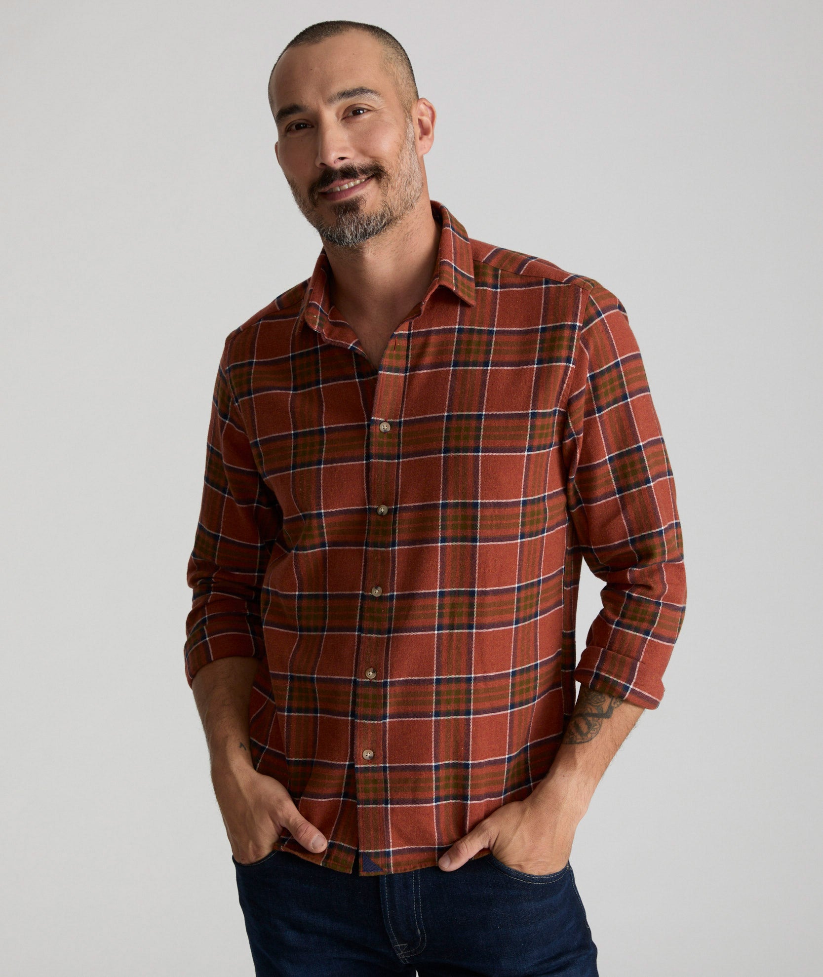 Men's Red Plaid Flannel Shirt - Soft Brushed Cotton, Stay-Put Collar