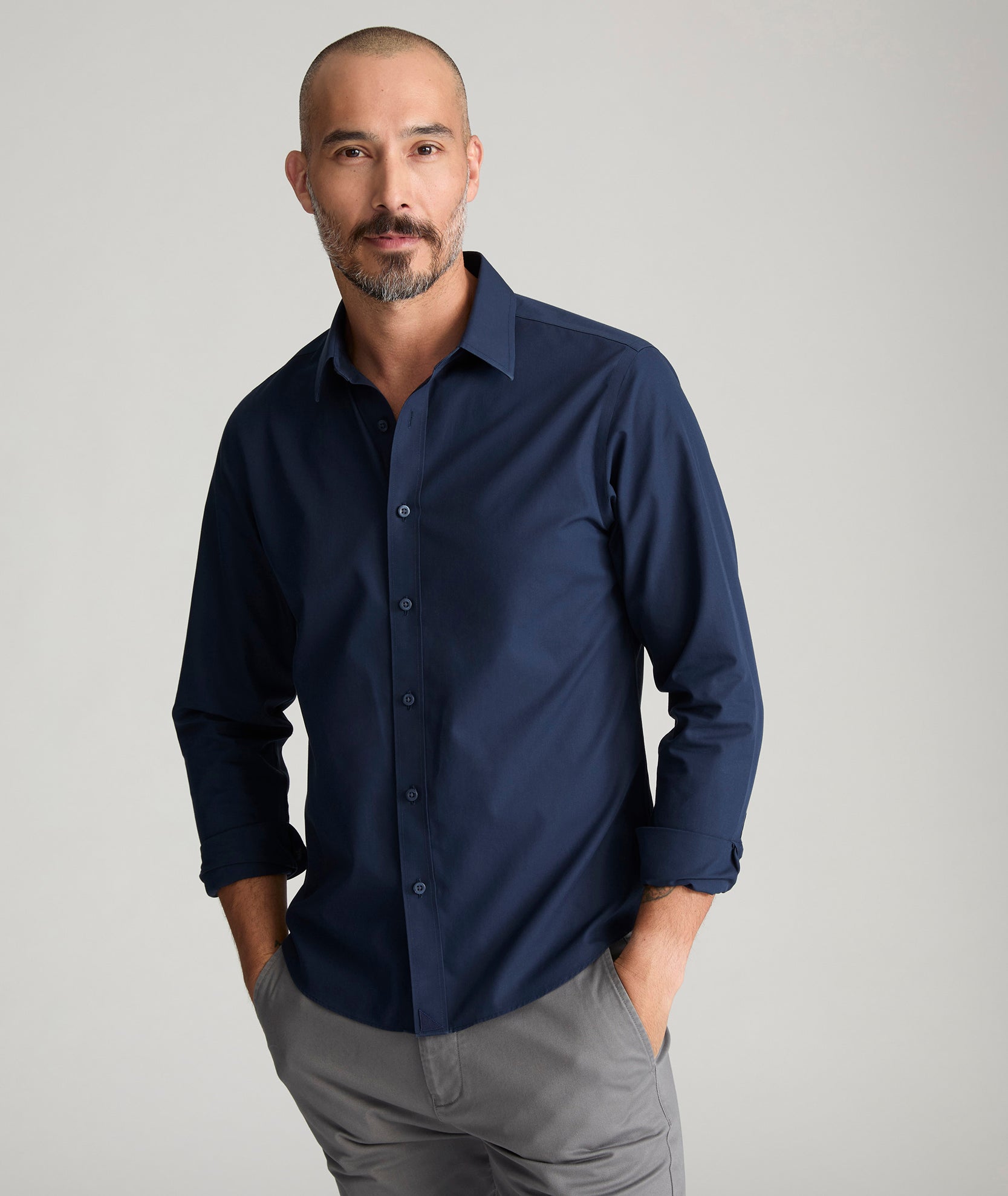 Navy Blue Castello Cotton Shirt - Wrinkle-Free & Breathable