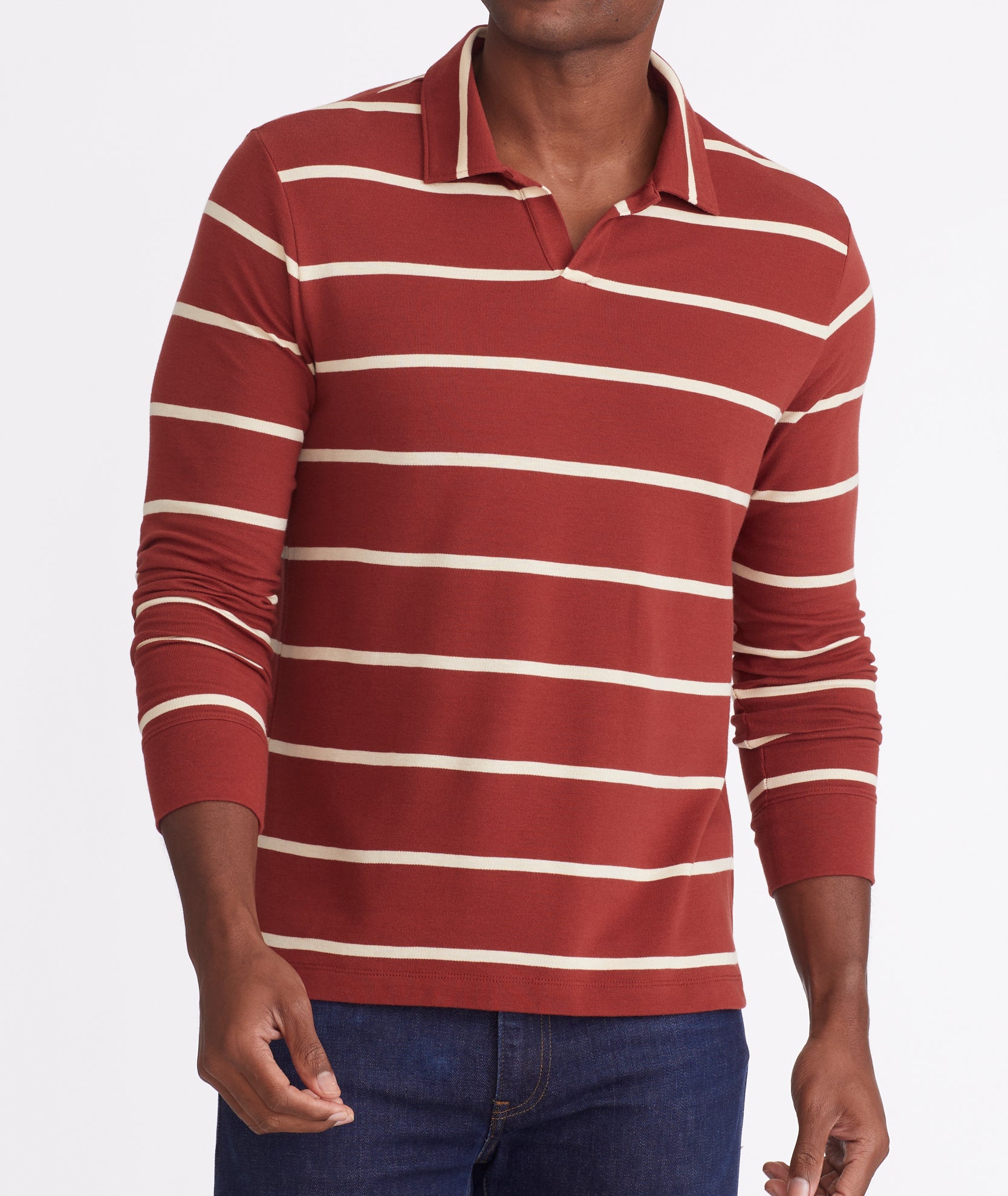 Men's Striped Johnny Collar Polo Shirt - 100% Cotton Casual Wear