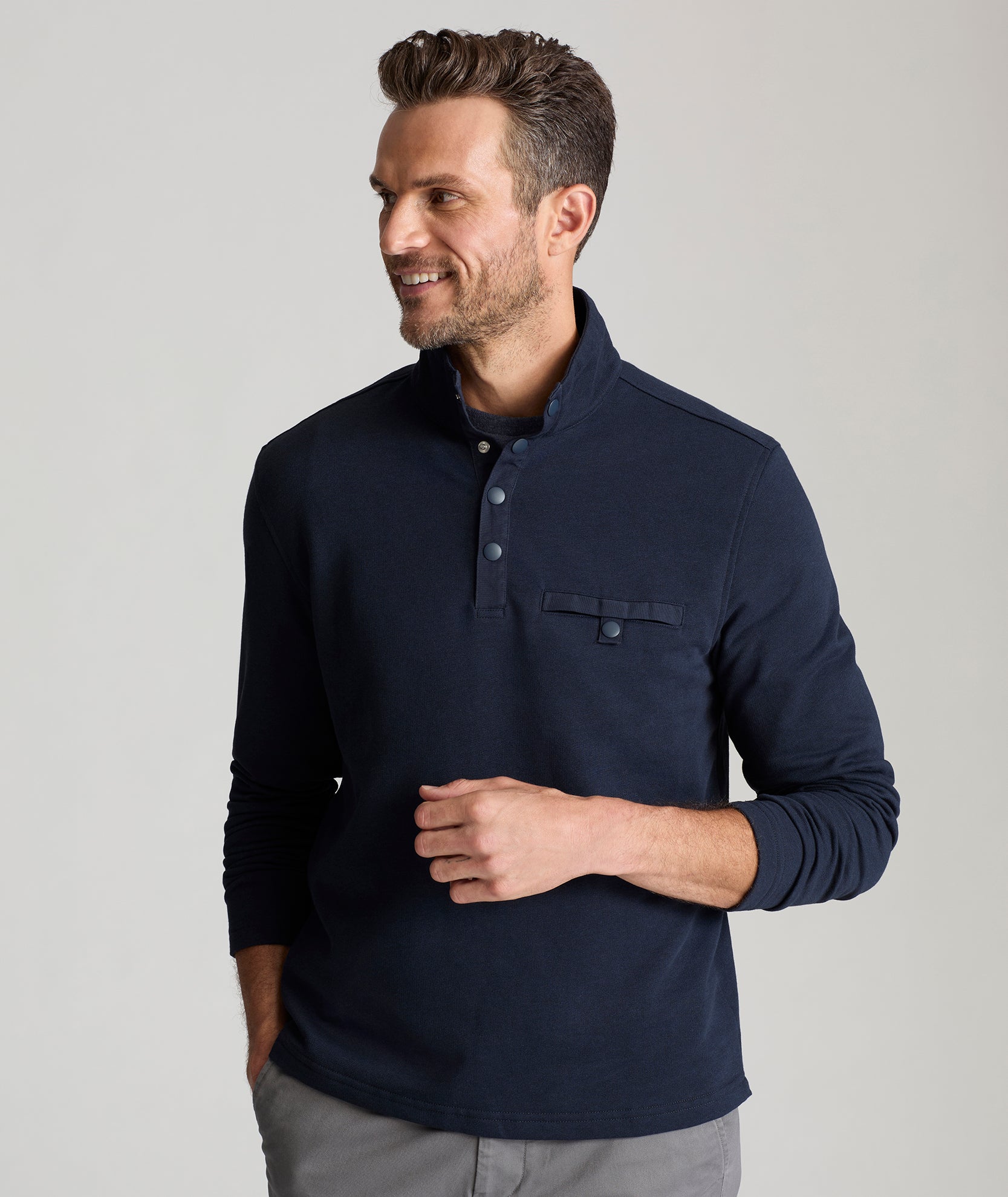 Men's Snap Button Fleece Pullover - Cotton Blend Mock Neck Sweater