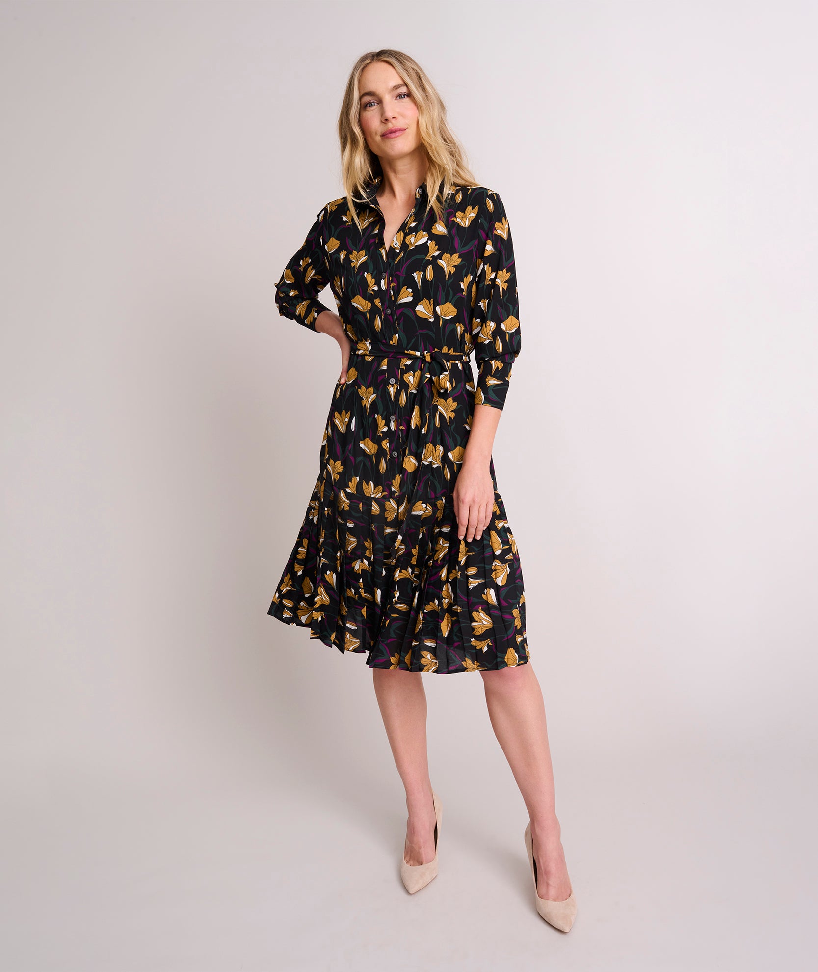 Pleated Janice Midi Shirt Dress for Fall | Button-Down Polyester
