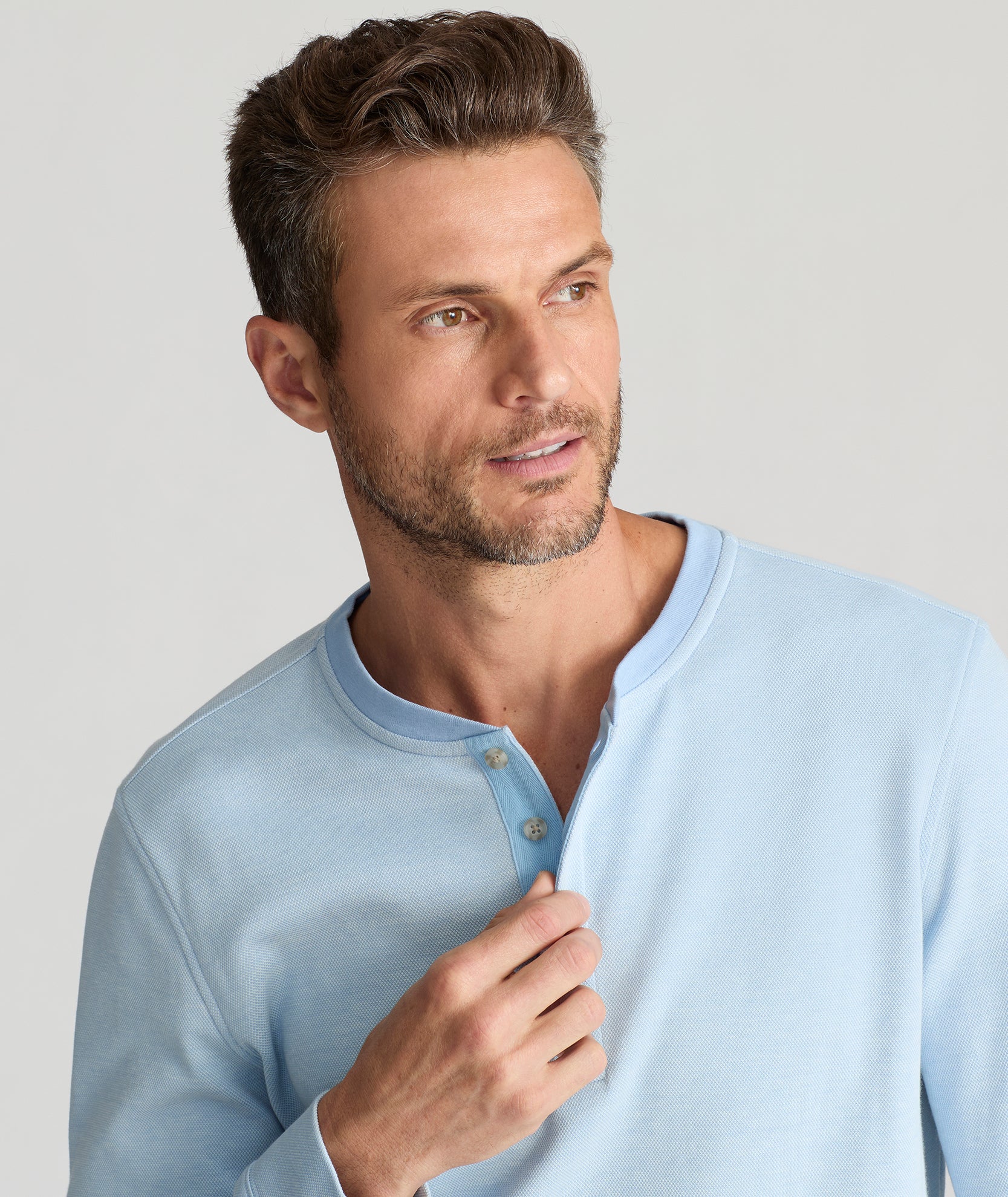 Men's Cotton Pique Henley Shirt - Breathable Long Sleeve Button-Up