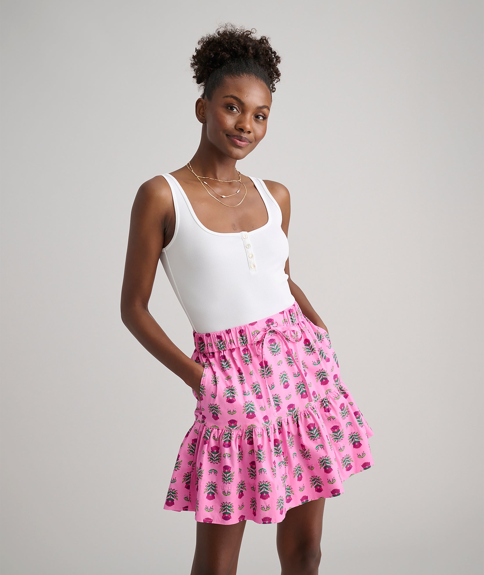 Floral Block Print Stretch Cotton Mini Skirt