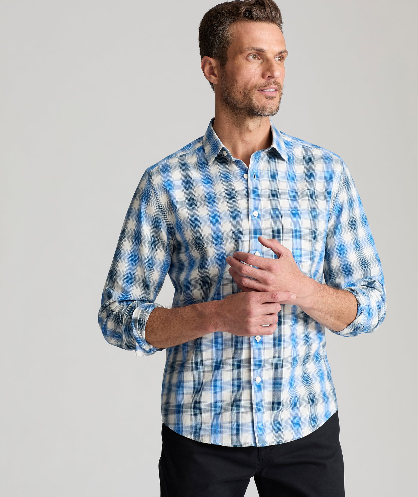 Men's Bauer Cotton Flannel Shirt - Spread Collar & Lightweight Check