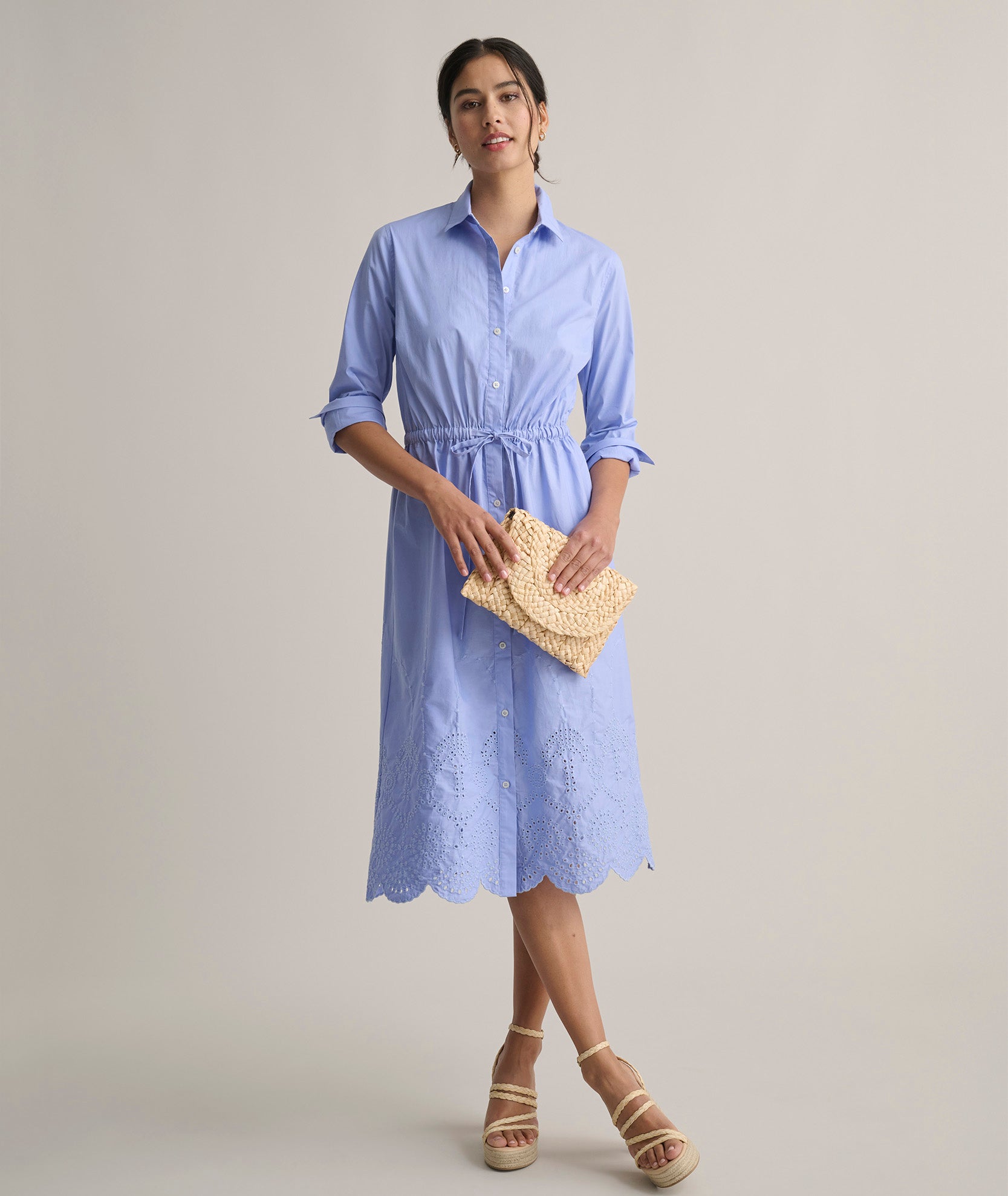 Claudia Embroidered Cotton Shirt Dress with Elastic Waist