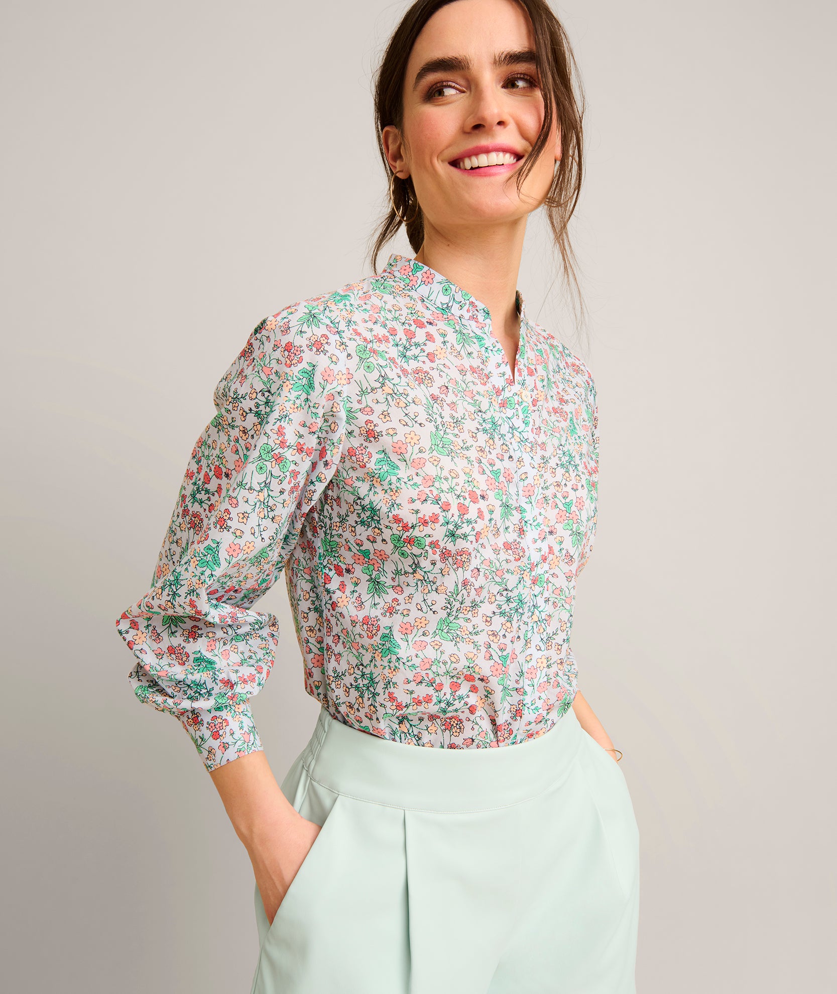 Floral Cotton Band Collar Shirt for Women - Hallie Style