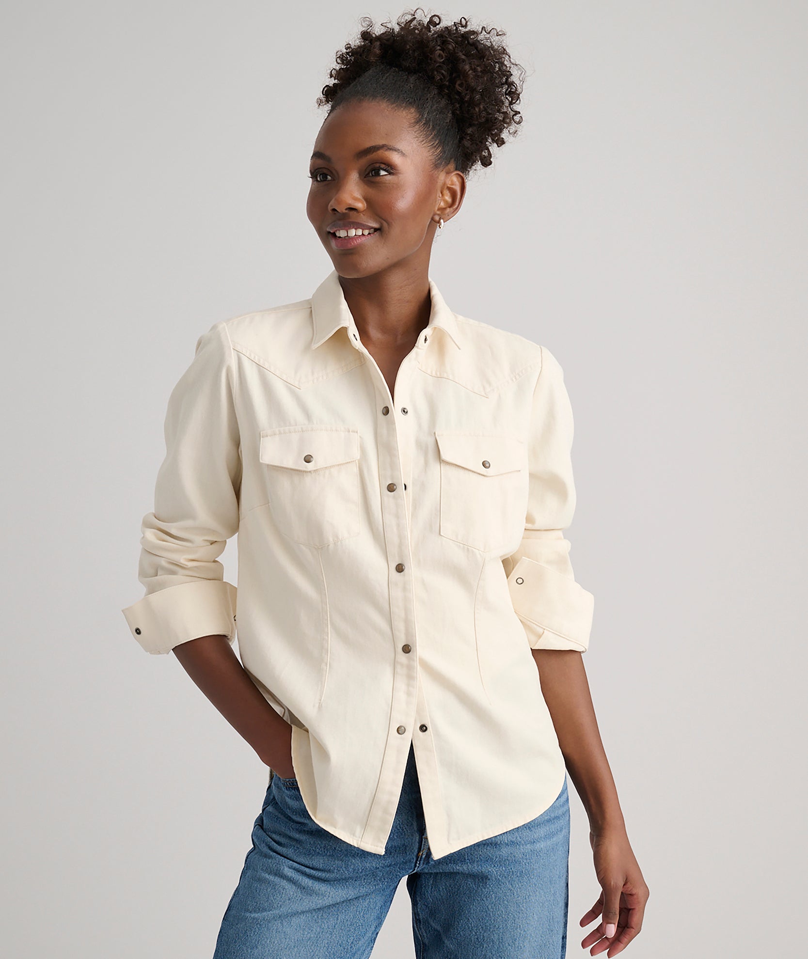 Women's Ecru Denim Shirt - 100% Cotton Western Style Button-Up