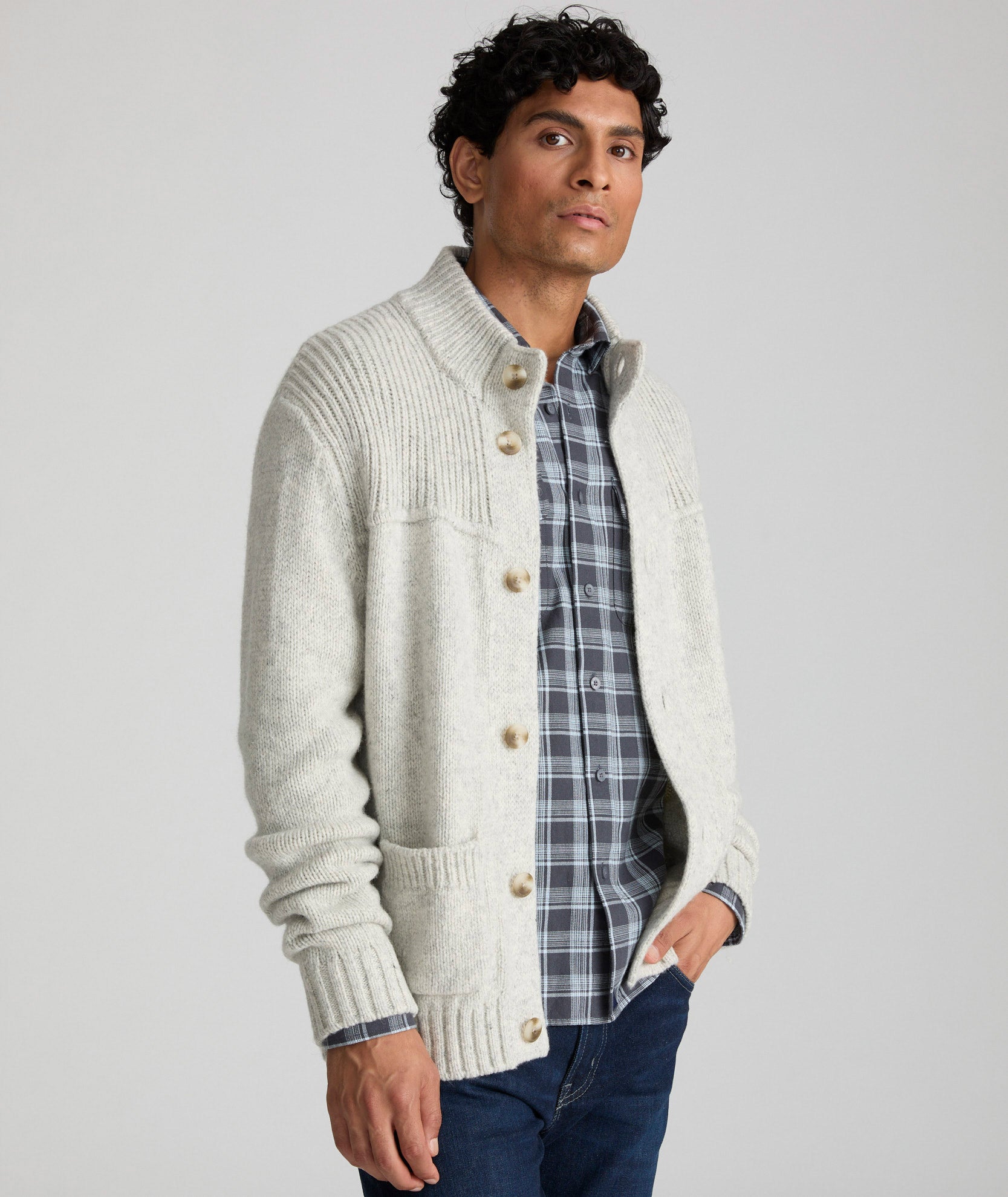 Wool-Blend Heavyweight Cardigan with Ribbed Back & Large Buttons