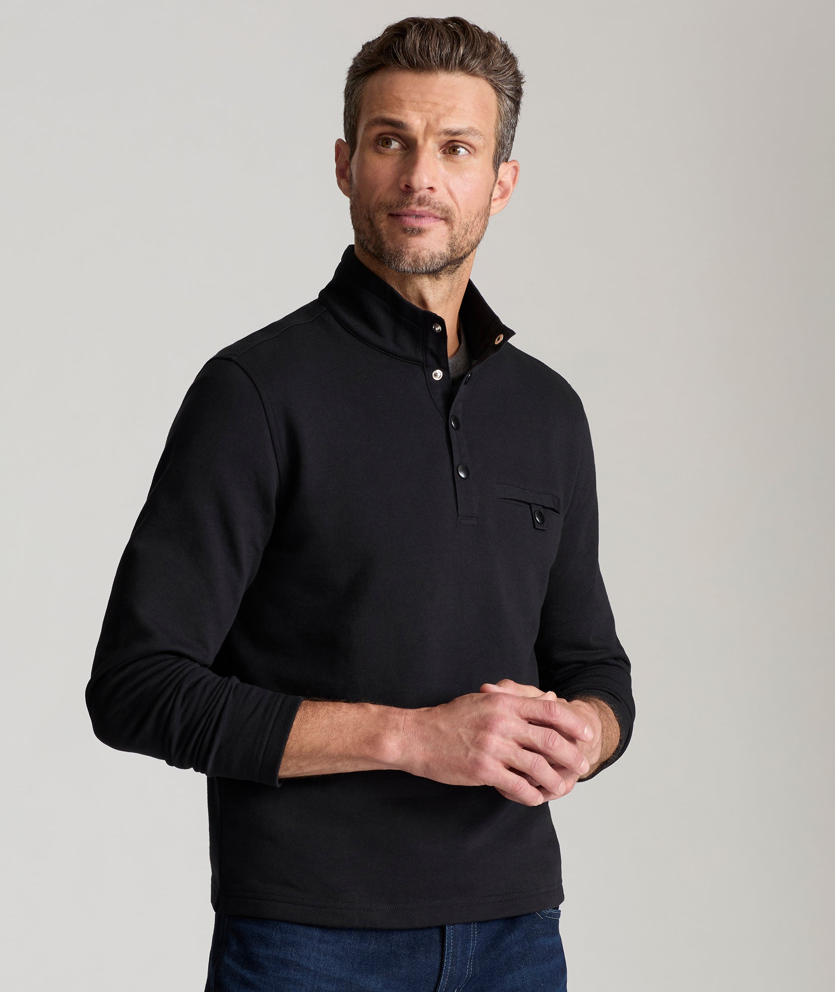 Men's Snap Button Fleece Pullover - Cotton Blend Mock Neck Sweater