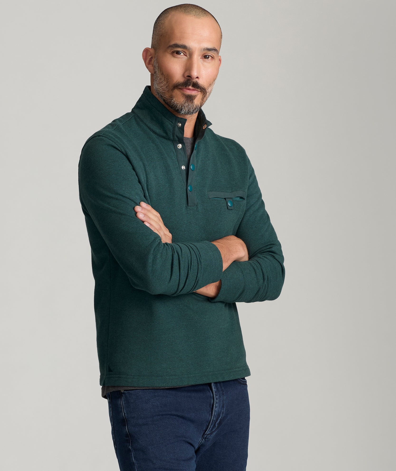 Men's Snap Button Fleece Pullover - Cotton Blend Mock Neck Sweater