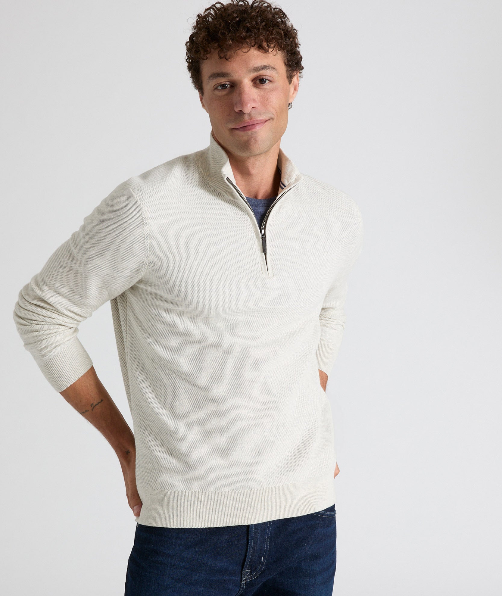 Men's Cotton Quarter-Zip Sweater - Waffle Knit Mock Neck Pullover