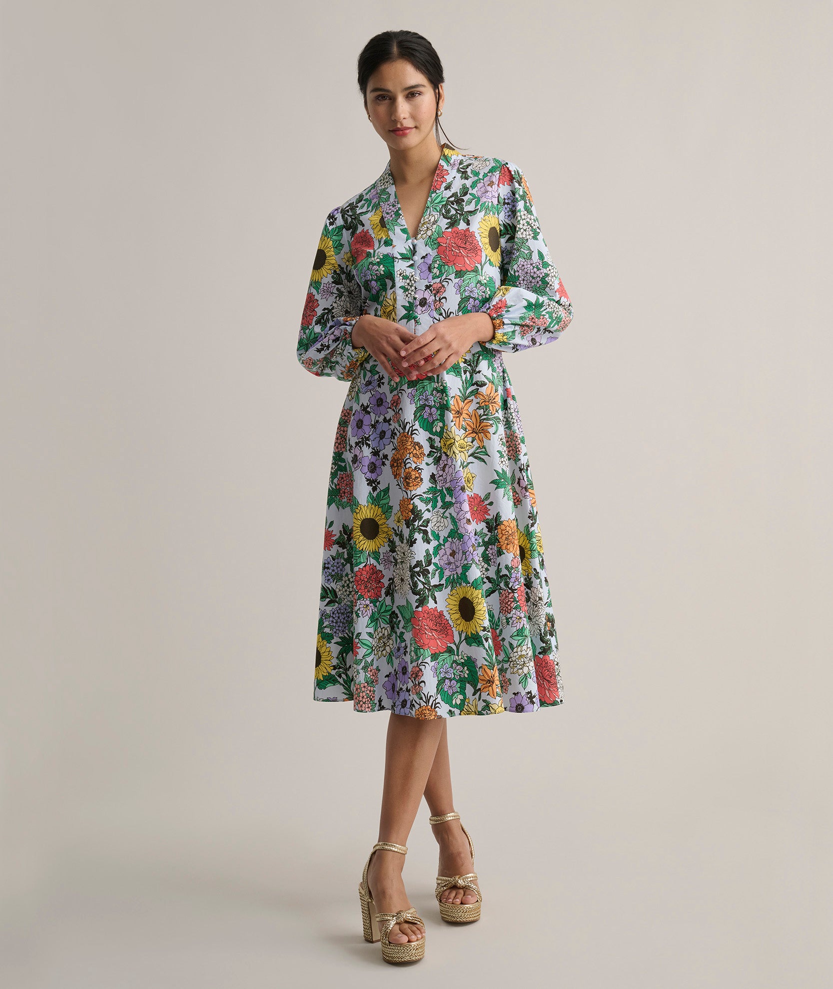 Floral Cotton Midi Dress with Stretch & Tie Waist