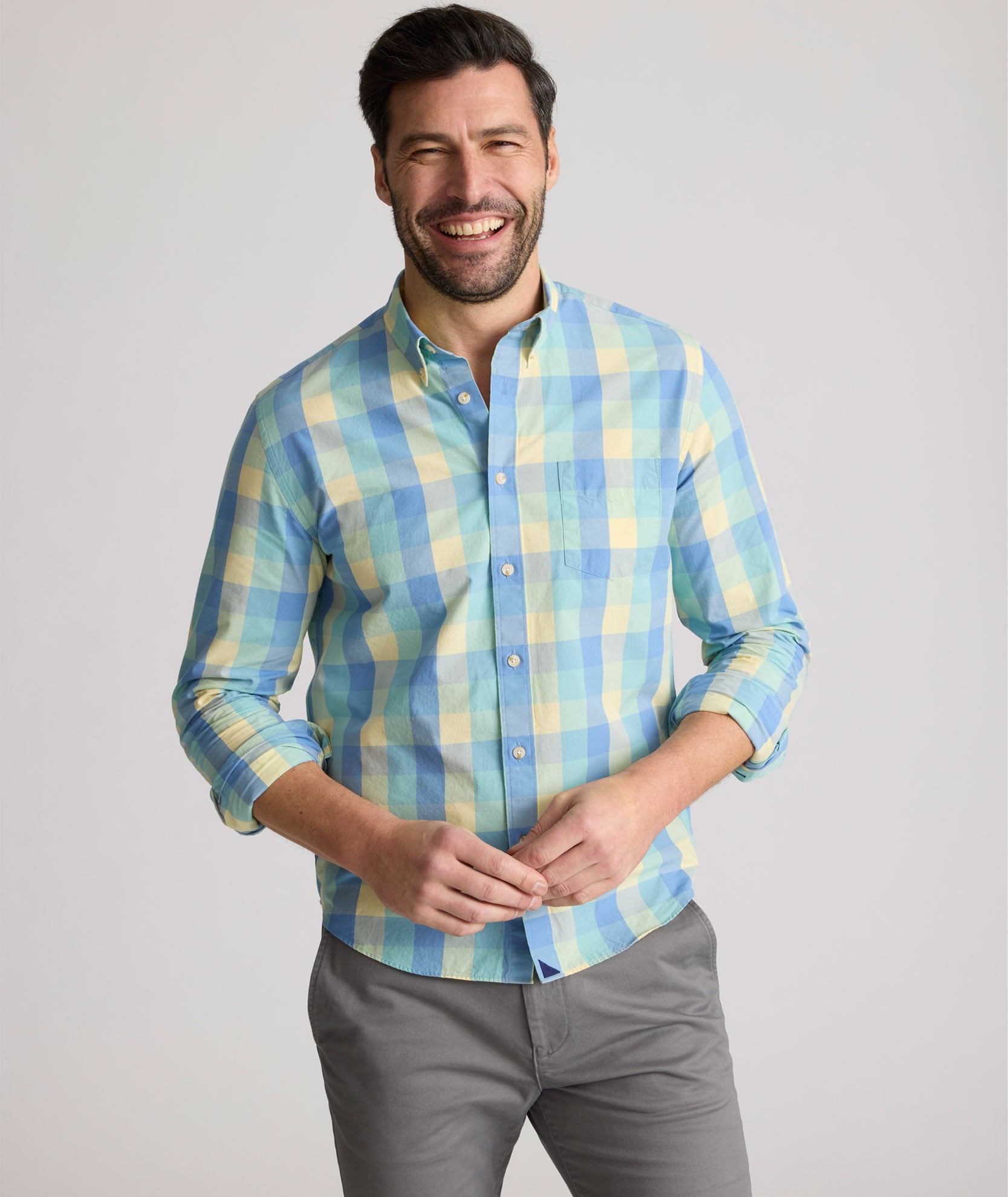 Vintage Wash Cotton Check Button-Down Shirt for Men
