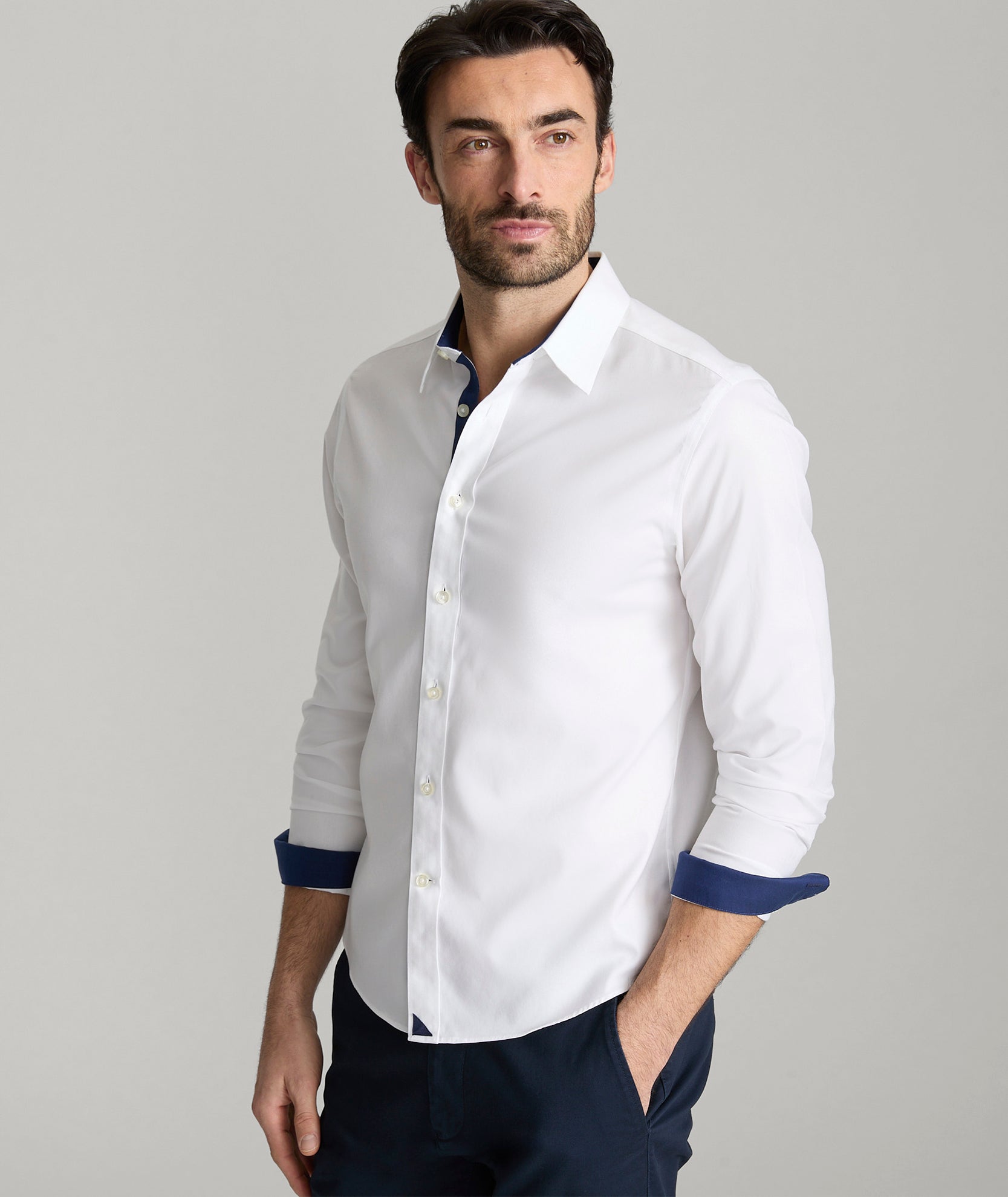 Las Cases Wrinkle-Free Cotton Shirt with Navy Accents