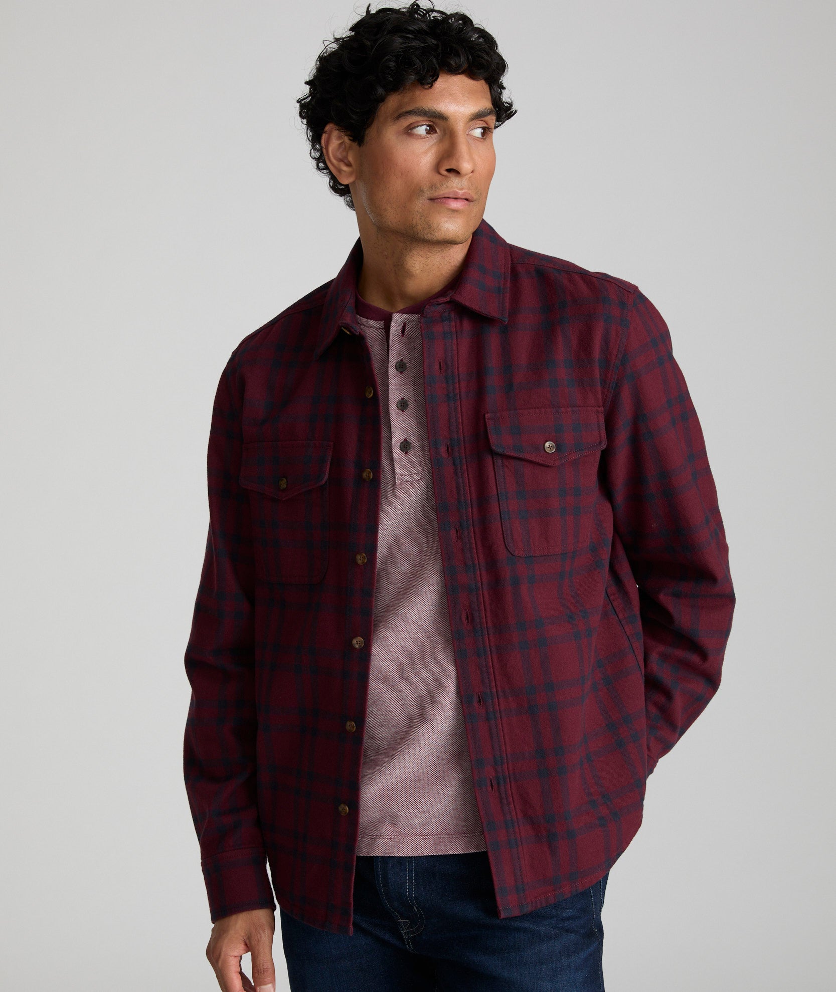Men's Brushed Cotton Overshirt - Check Pattern Fall Essential