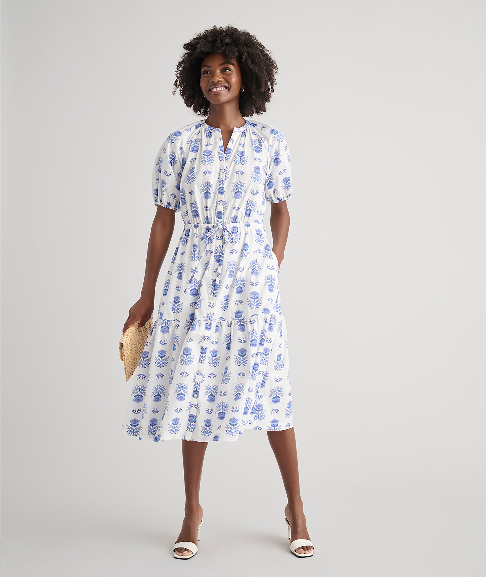 Floral Print Stretch Cotton Midi Dress with Pockets