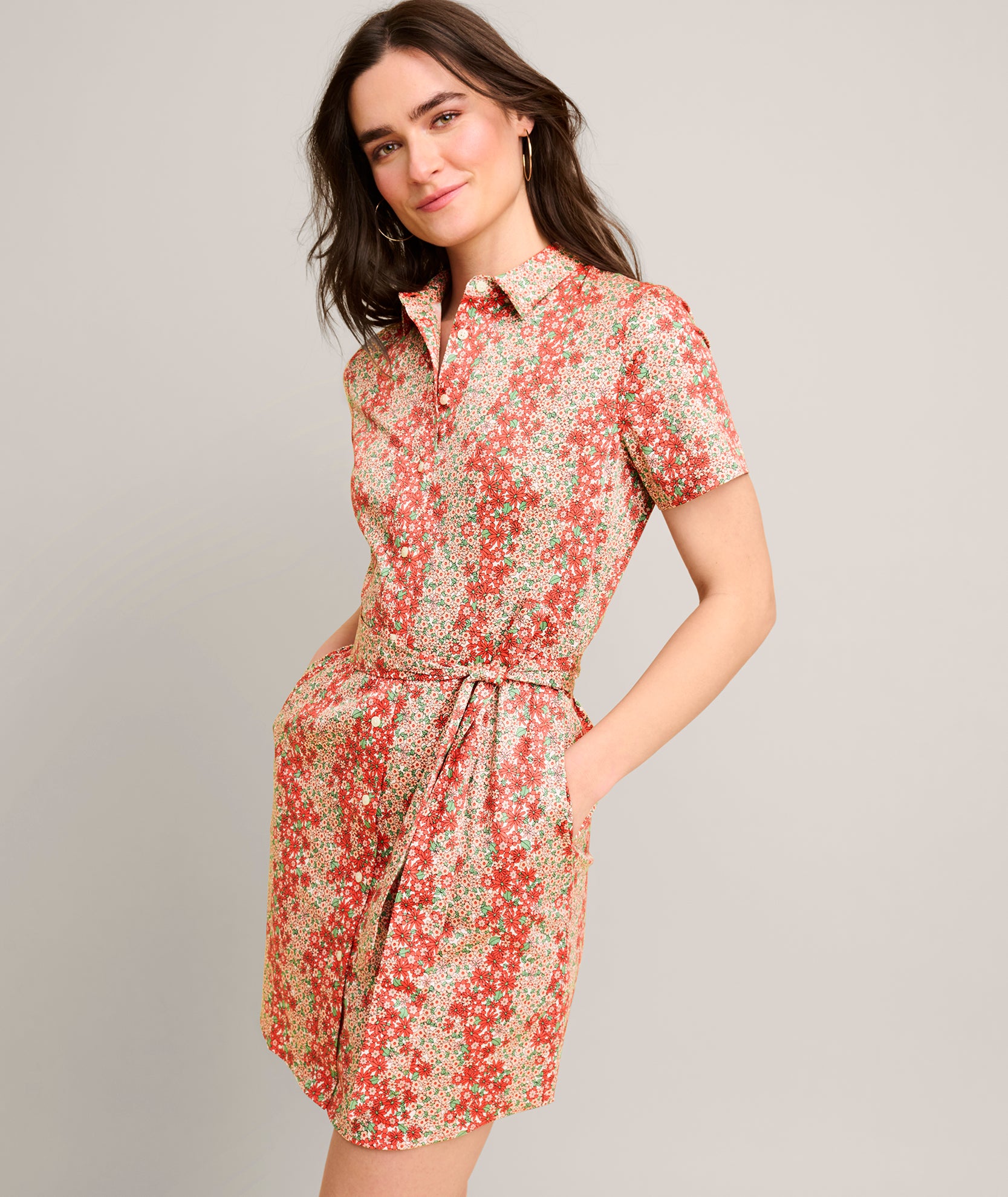 Floral Print Stretch Cotton Shirtdress - Button Down Summer Dress