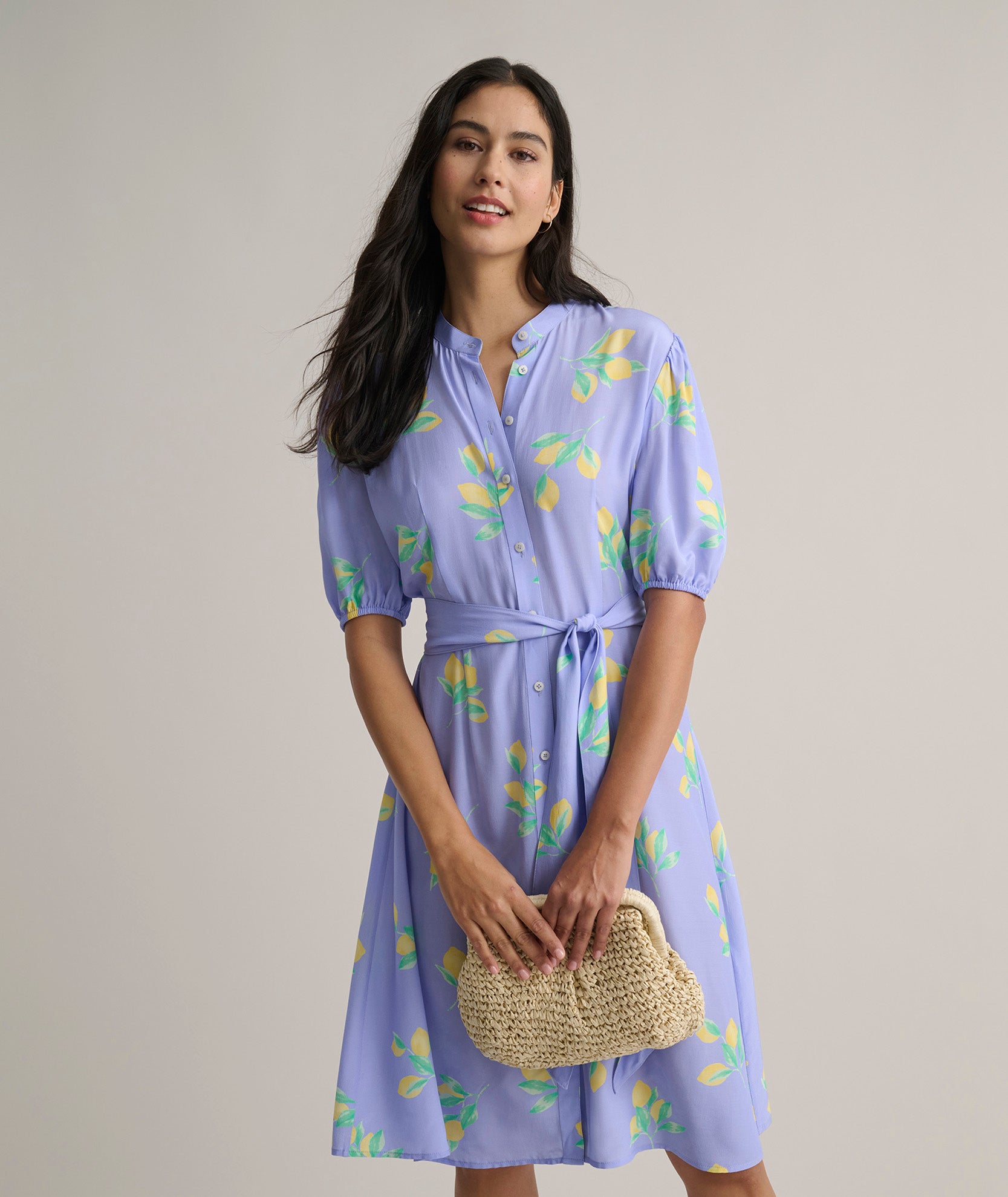 Lemon Print Alix Midi Dress with Puff Sleeves & Belt