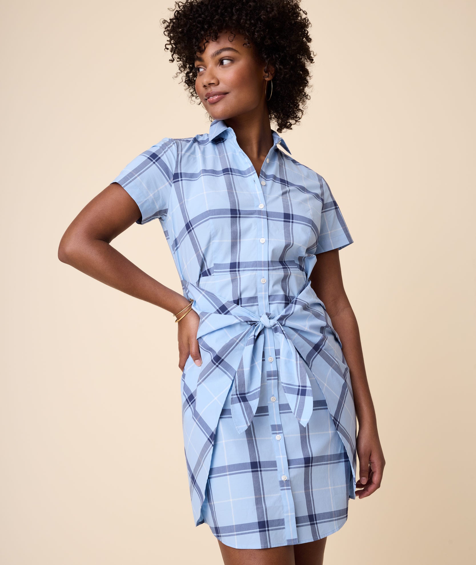 Cotton Stretch Plaid Shirt Dress with Waist Tie