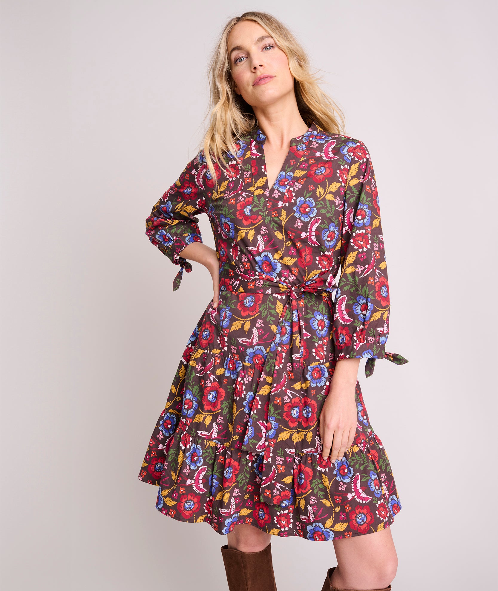 Flowy Tapestry Print Cotton Dress with Adjustable Belt - Alana Style
