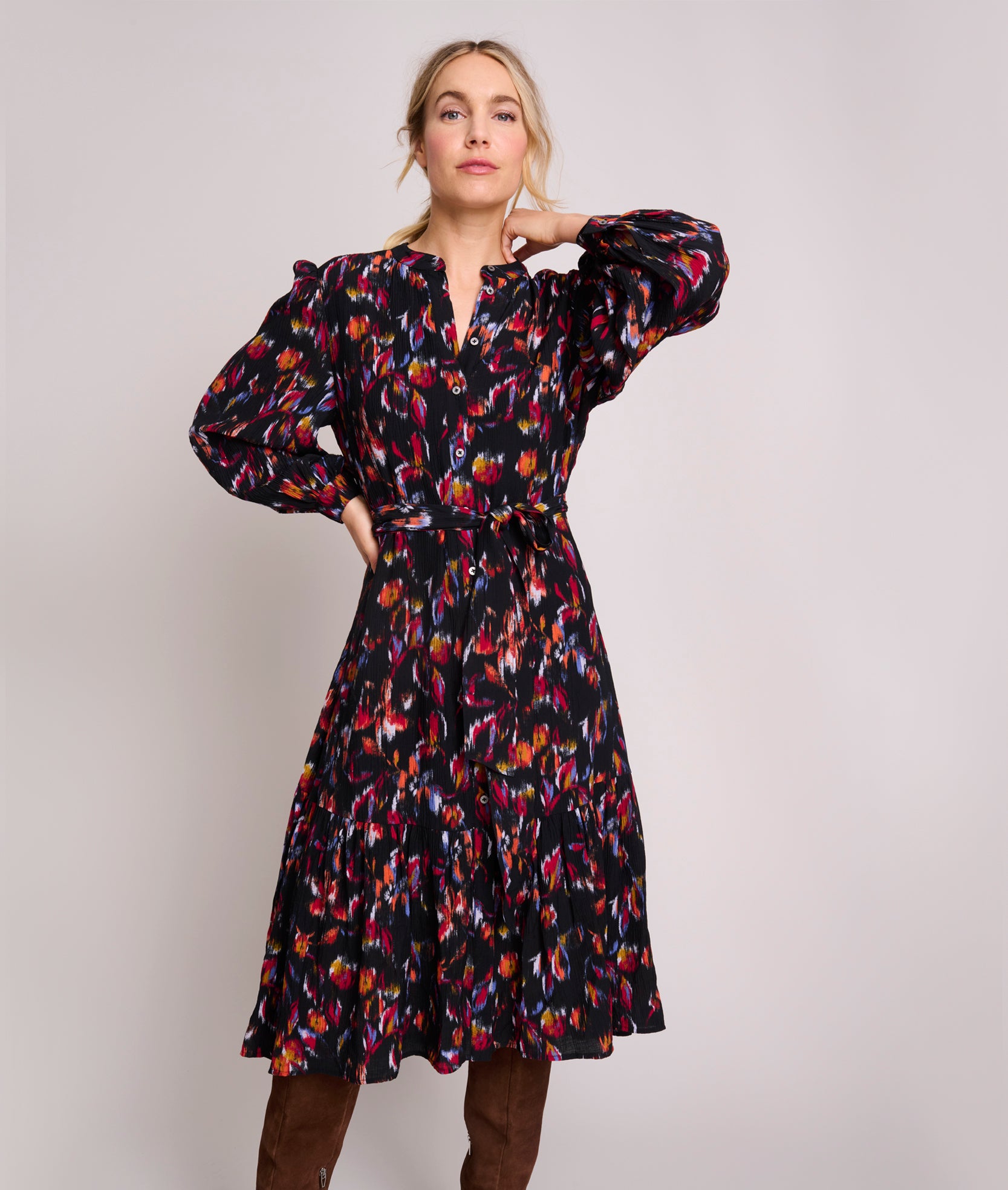Floral Print Crinkle Rayon Dress with Belt for Fall