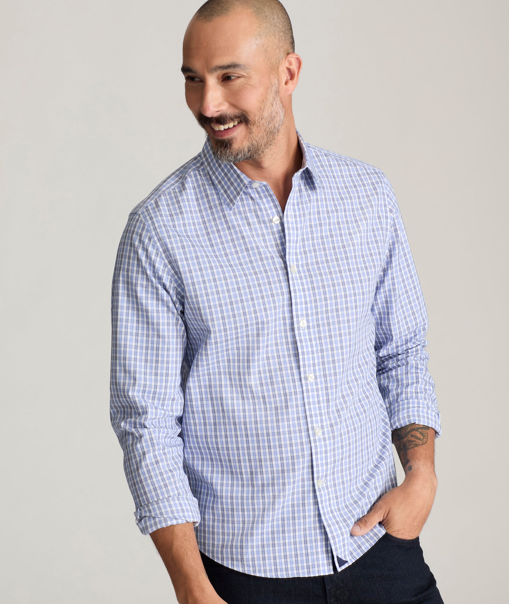 Men's Wrinkle-Free Cotton Check Shirt - Navy & White